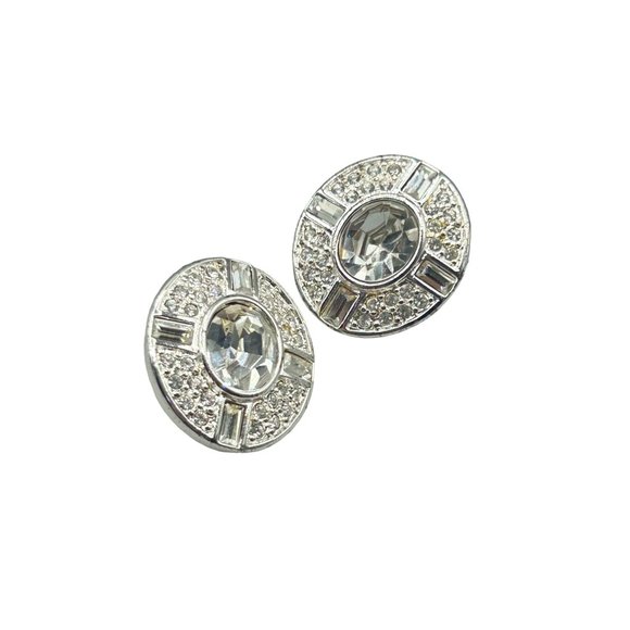 Signed NAPIER Vintage Pierced Studs Earrings Silver Tone and Clear Rhinestones - Picture 1 of 6